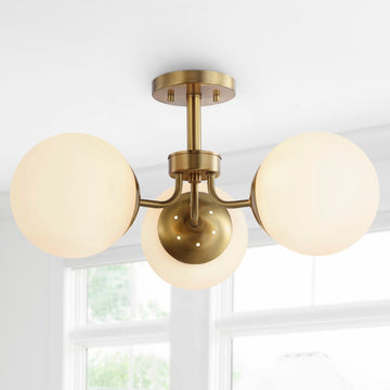 Olivier 23.5" 3-Light Bohemian Farmhouse Iron/Frosted Glass LED Semi Flush Mount - JONATHAN Y